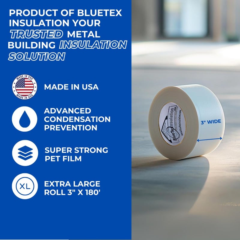 BlueTex Insulationㅤ 3" Wide x 180' Long White Vapor Barrier Seam Tape - 1 Roll, Waterproofing & Great for Crawlspaces, Insulation Repairs, Underlayment Seams, Metal Building Insulation Seams - Image 5